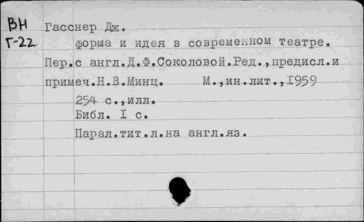 ﻿Гасснер Дж.
форма и идея в современном театре. Пер.с англ.Д.Ф.Соколовой.Ред.,предисл. примел.Н.В.Минц.	М.,ин.лит.,1959
254 с.,илл.
Библ. I с.
Парал.тит.л.на англ.яз.